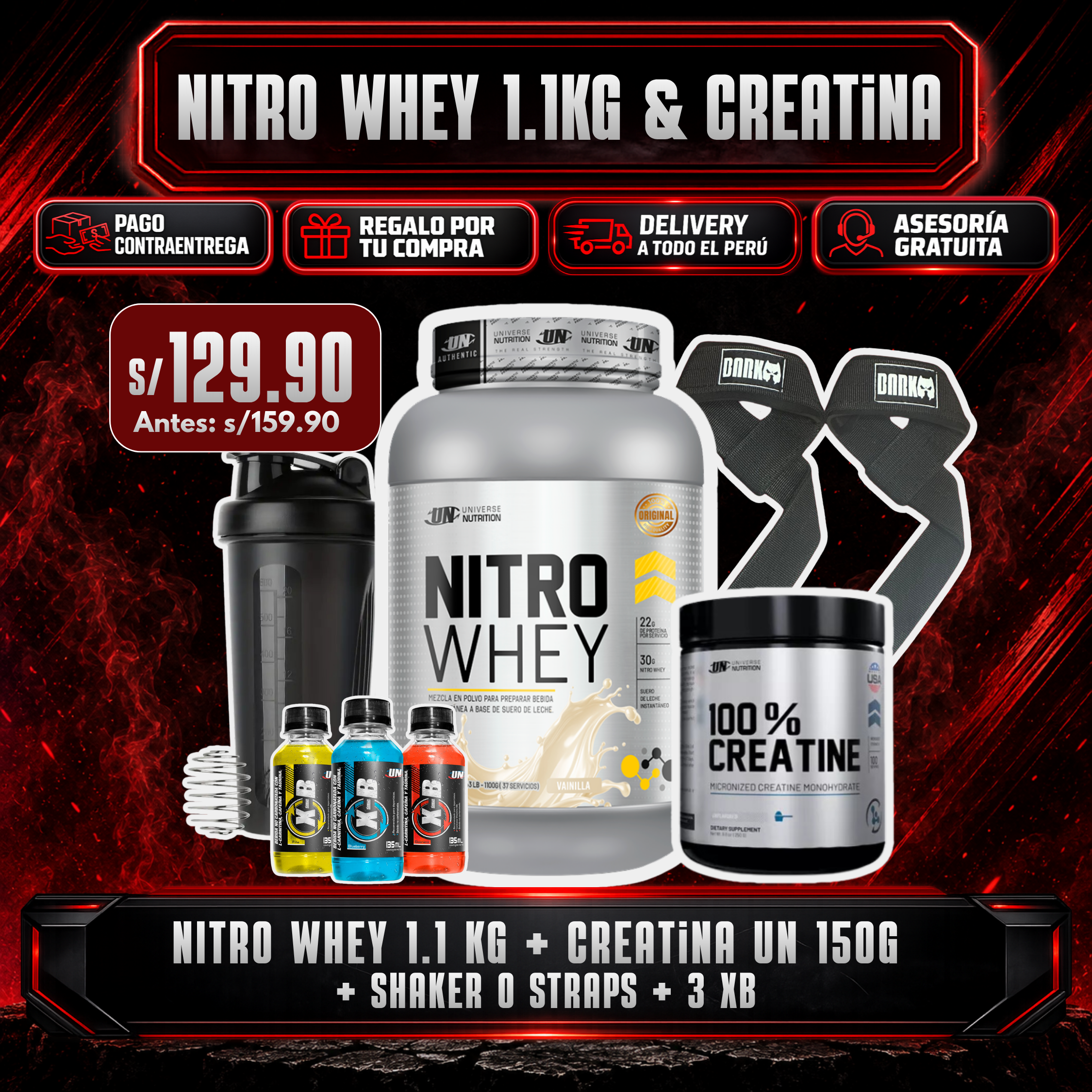 PROMOCIÓN NITROWHEY 1.1KG + CREATINA UN 150G + SHAKER O STRAPS + 3 XB