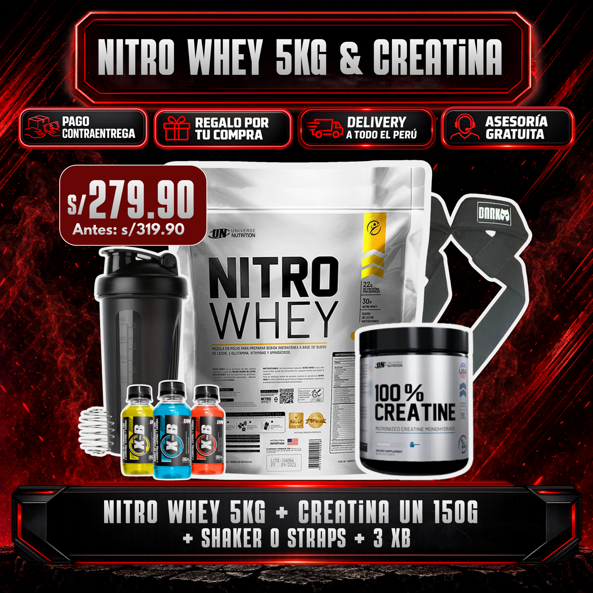 PROMOCIÓN NITRO WHEY 5KG + CREATINA UN 150G + SHAKER O STRAPS + 3 XB