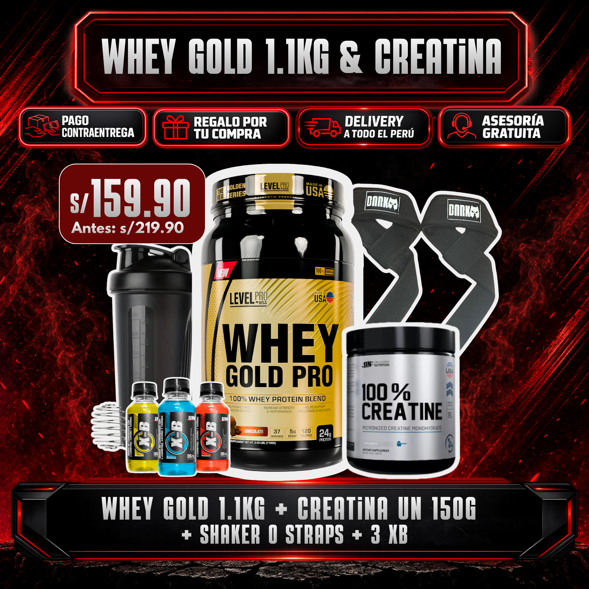 WHEY GOLD PRO 1.1KG + CREATINA UN 150G + SHAKER O STRAPS + 3 XB