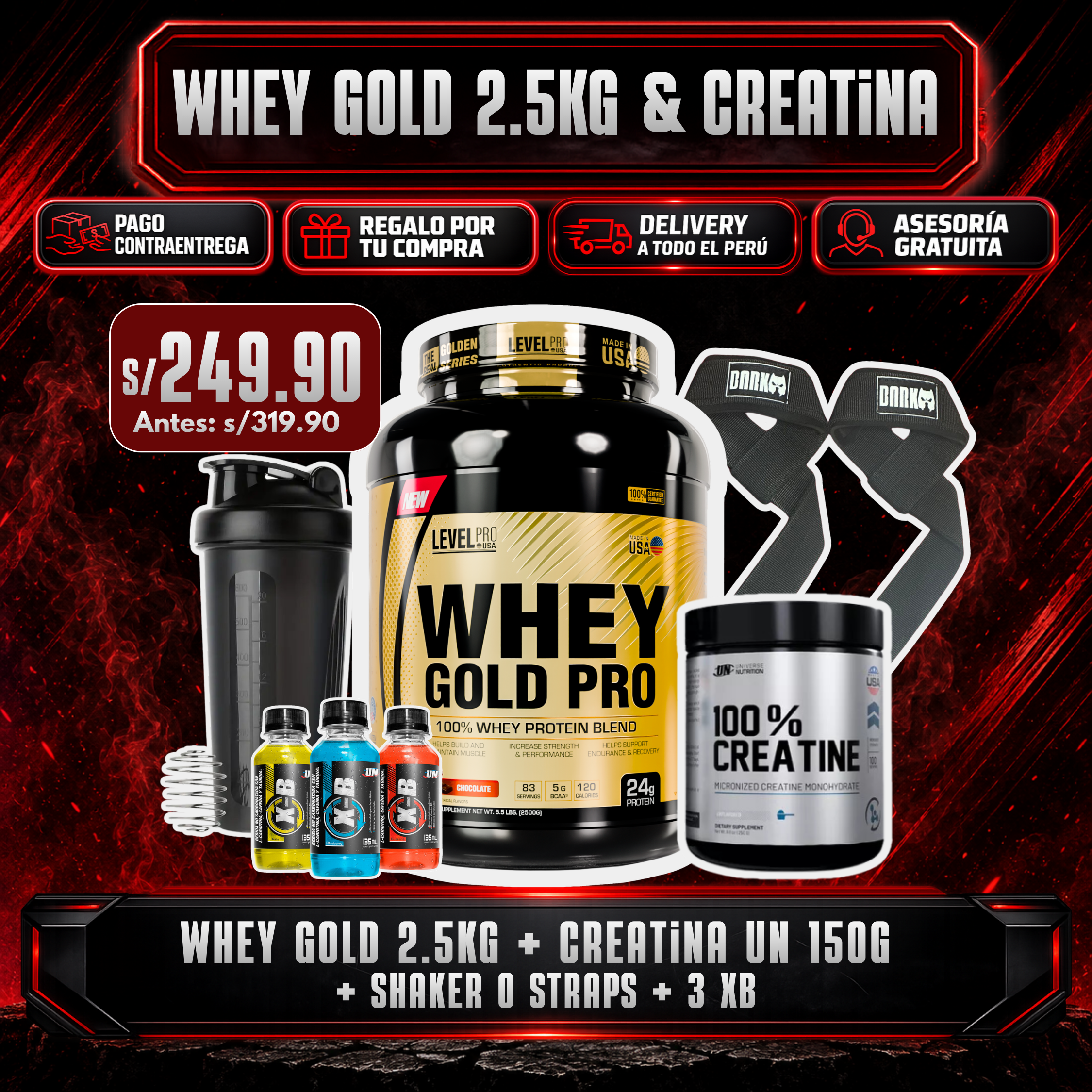 PROMOCIÓN WHEY GOLD PRO 2.5KG + CREATINA UN 150G + SHAKER O STRAPS + 3 XB