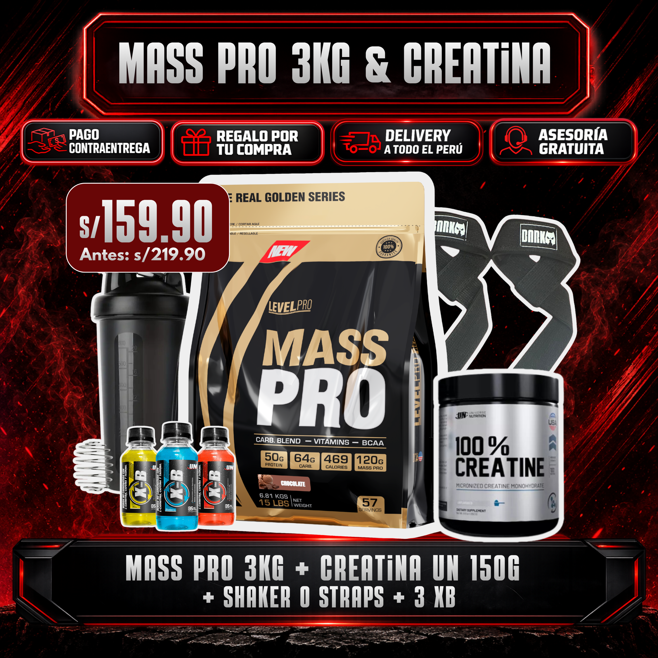 PROMOCIÓN MASS PRO 3KG + CREATINA UN 150G + SHAKER O STRAPS + 3 XB
