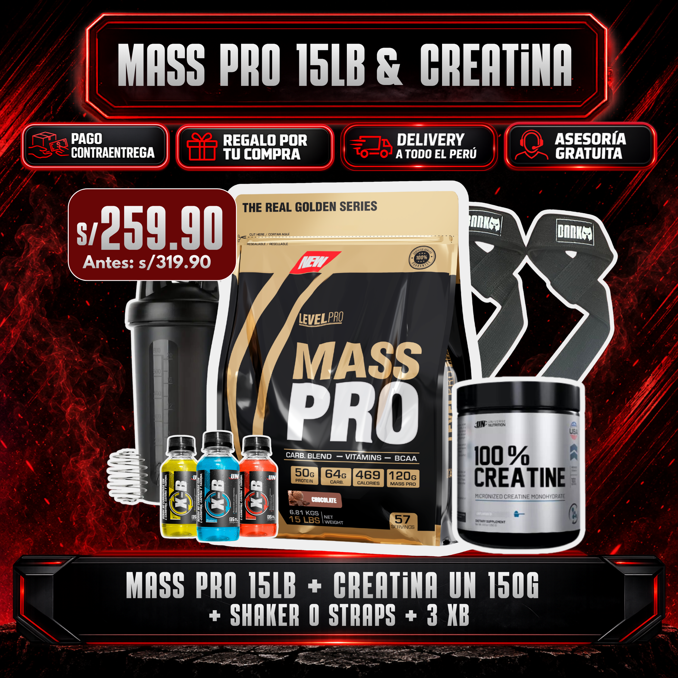 MASS PRO 15LB + CREATINA UN 150G + SHAKER O STRAPS + 3 XB (Copia)