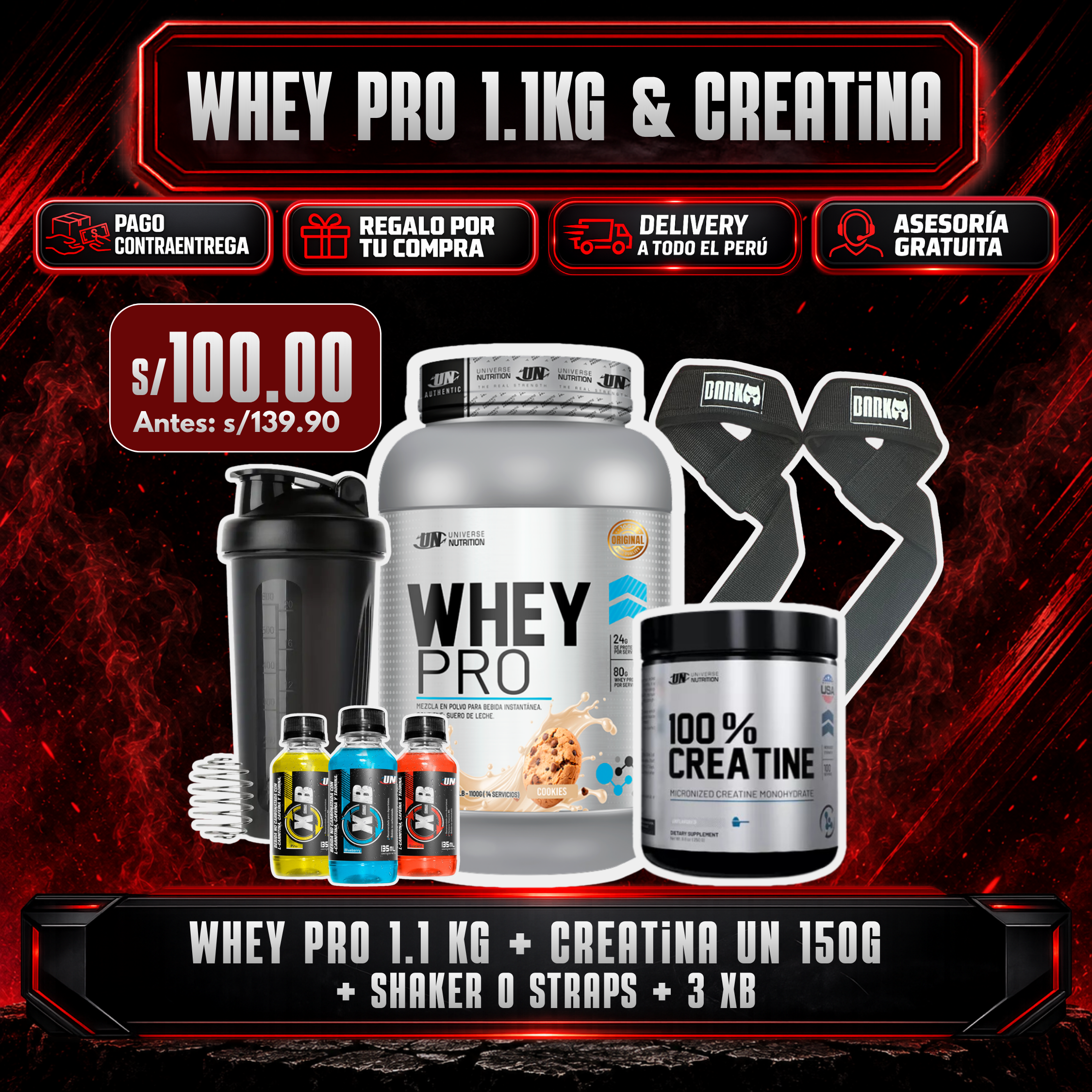 PROMOCIÓN WHEY PRO 1.1KG + CREATINA UN 150G + SHAKER O STRAPS + 3XB