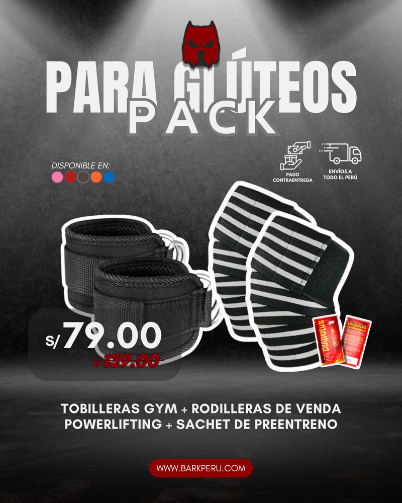 PACK GLÚTEOS - TOBILLERAS DE LONA GYM + RODILLERAS DE VENDA POWERLIFTING