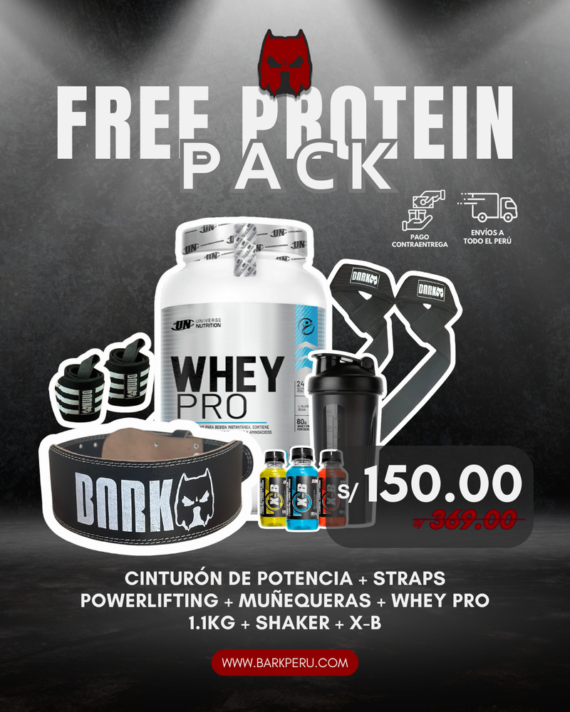 PACK PROTEÍNA GRATIS - WHEY PRO 1.1KG + CINTURON DE POTENCIA + MUÑEQUERAS + STRAPS + SHAKER + X-B