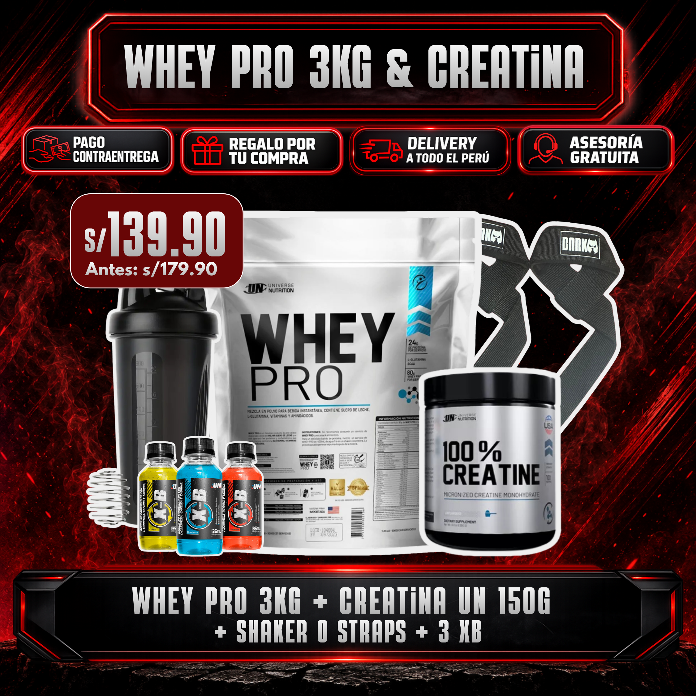 PROMOCIÓN WHEY PRO 3KG + CREATINA UN 150G + SHAKER O STRAPS + 3 XB