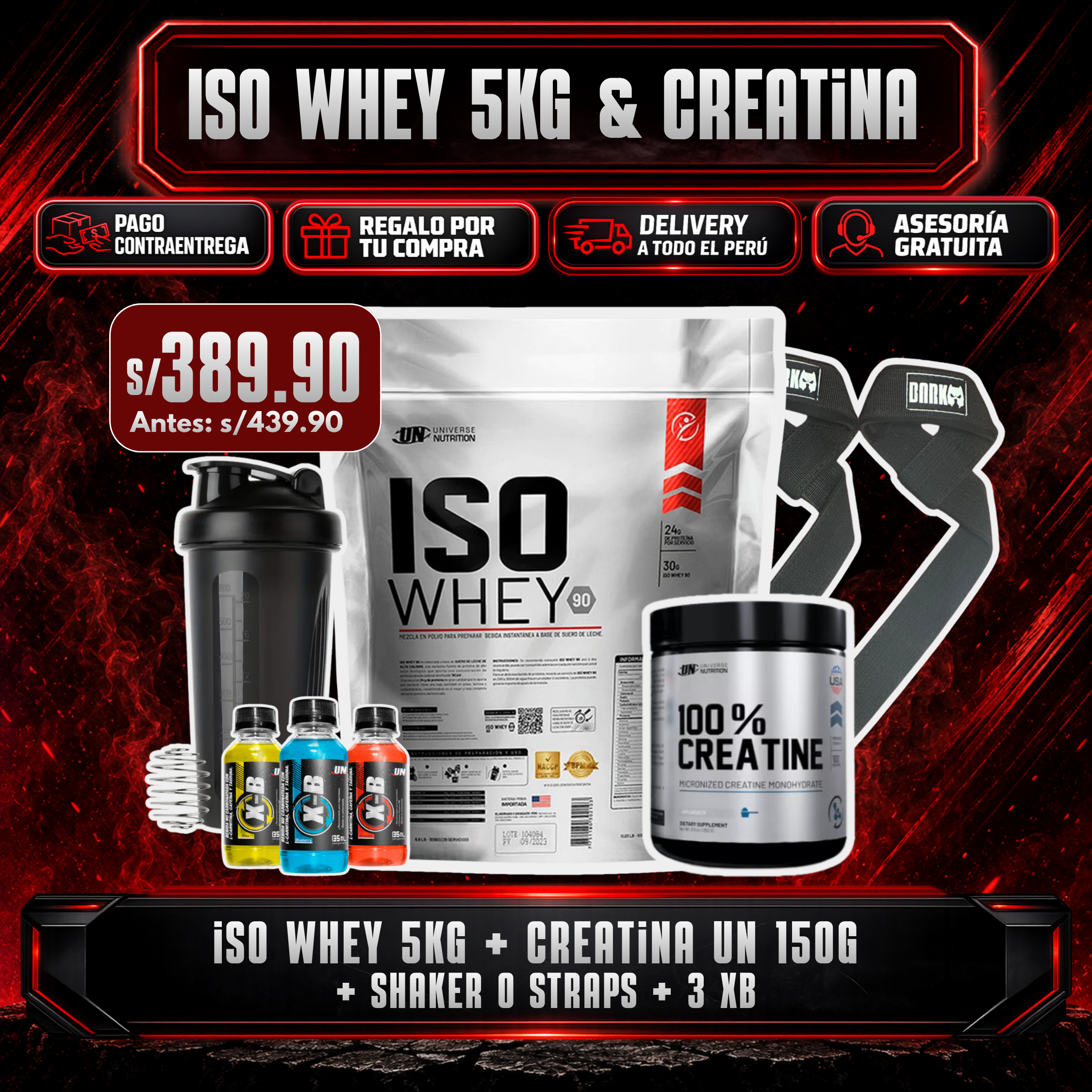 PROMOCIÓN ISO WHEY 5KG + CREATINA UN 150G + SHAKER O STRAPS + 3 XB