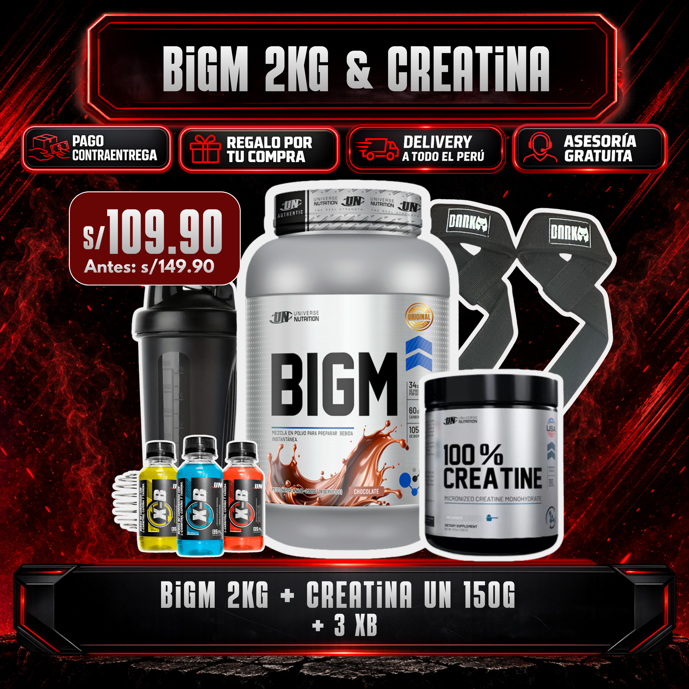 PROMOCIÓN BIGM 2KG + CREATINA UN 150G + SHAKER O STRAPS + 3 XB