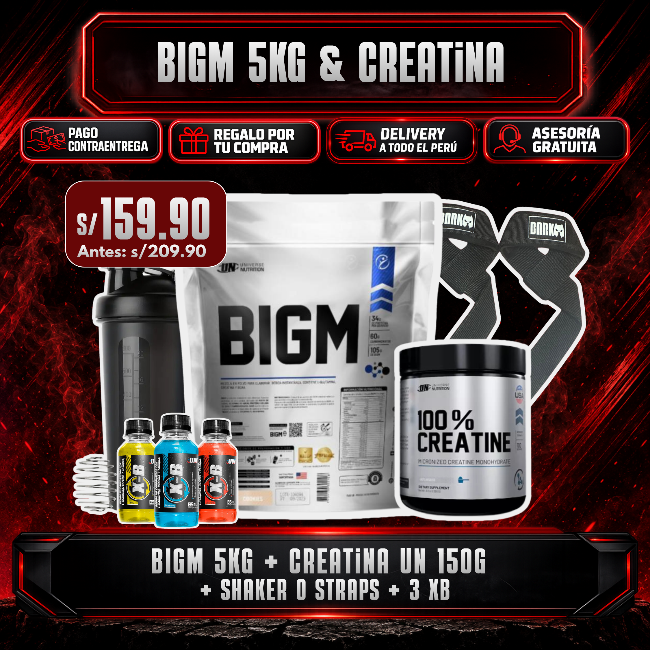 PROMOCIÓN BIGM 5KG - CREATINA UN 150G - SHAKER O STRAPS - 3 XB