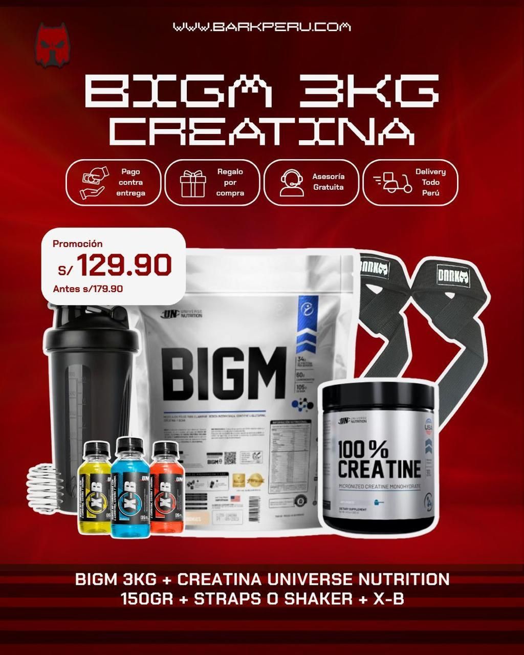 PROMOCIÓN BIGM 3KG + CREATINA UN 150G + SHAKER O STRAPS + 3 XB