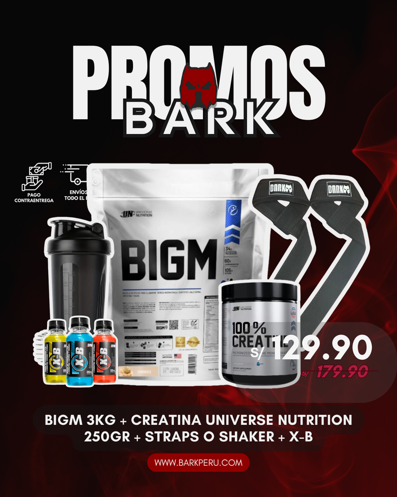 BIGM 3KG + CREATINA UN 250GR + SHAKER O STRAPS