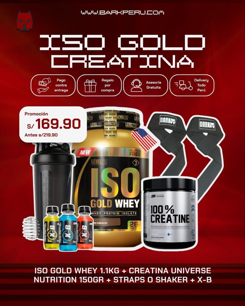 PROMOCIÓN ISO GOLD WHEY 1.1KG + CREATINA UN 150G + SHAKER O STRAPS + 3 XB