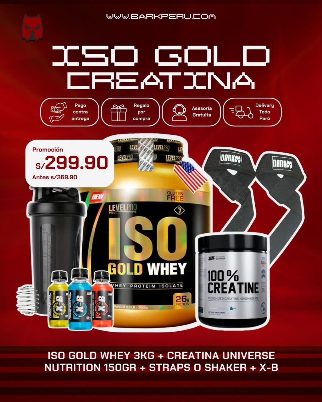 PROMOCIÓN ISO GOLD WHEY 3KG + CREATINA UN 150G + SHAKER O STRAPS + 3 XB