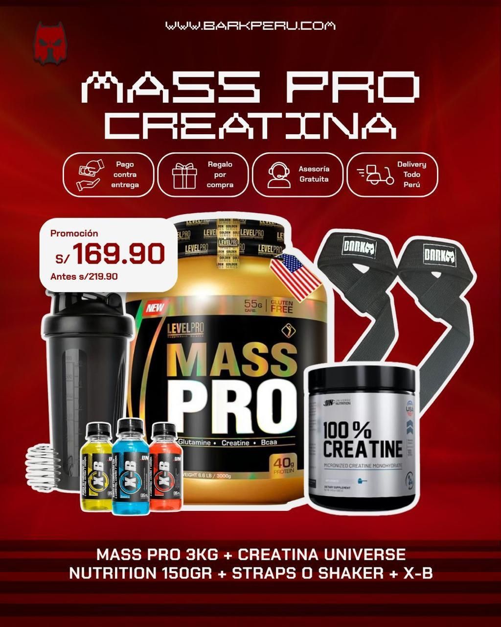PROMOCIÓN MASS PRO 3KG + CREATINA UN 150G + SHAKER O STRAPS + 3 XB