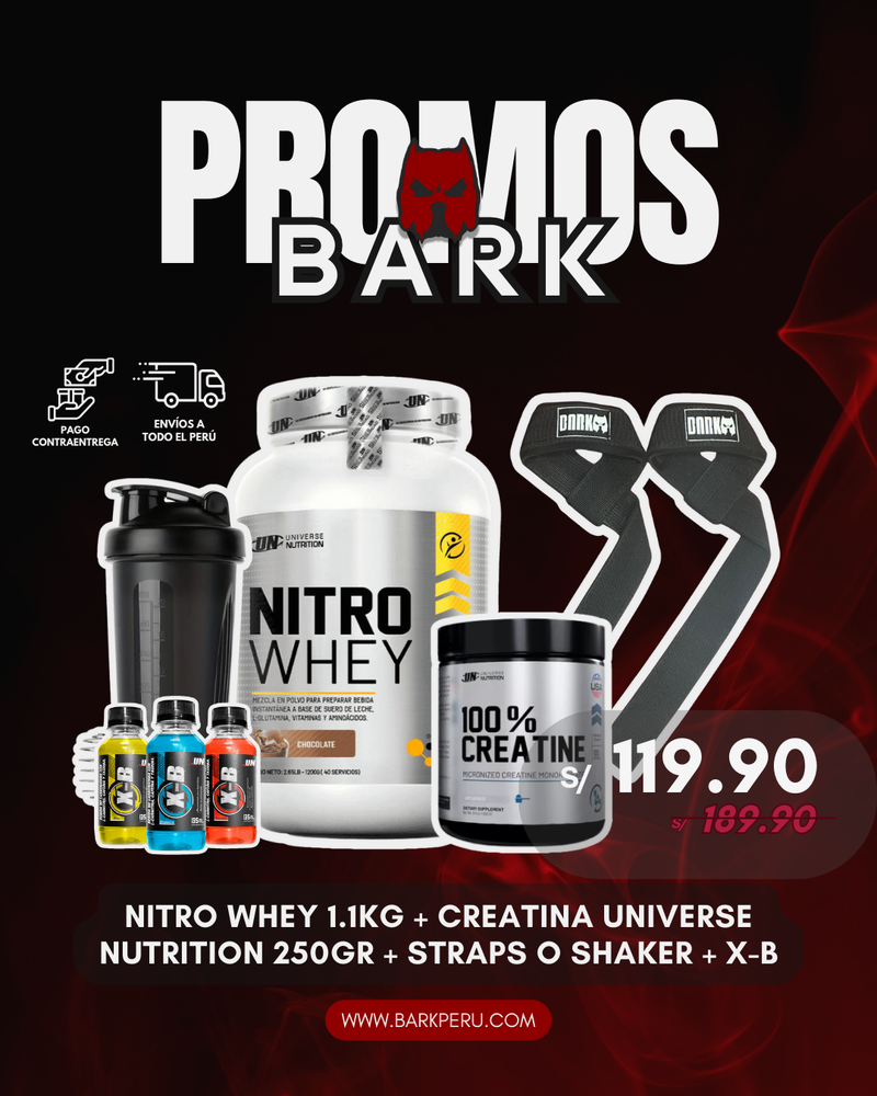 NITRO WHEY 1.1KG + CREATINA UN 250GR + SHAKER O STRAPS