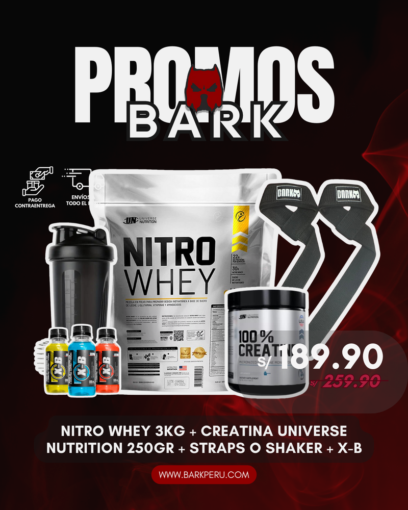 NITRO WHEY 3KG + CREATINA UN 250GR + SHAKER O STRAPS