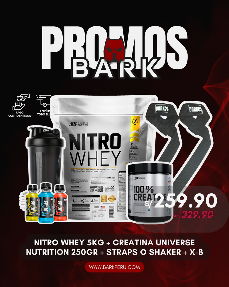 NITRO WHEY 5KG + CREATINA UN 250GR + SHAKER O STRAPS