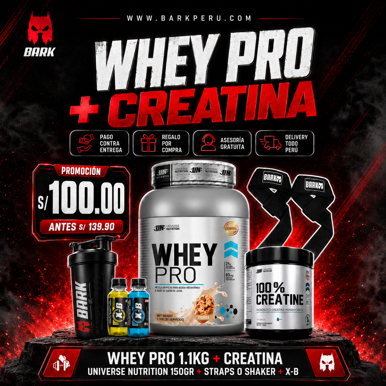 PROMOCIÓN WHEY PRO 1.1KG + CREATINA UN 150G + SHAKER O STRAPS + 3XB