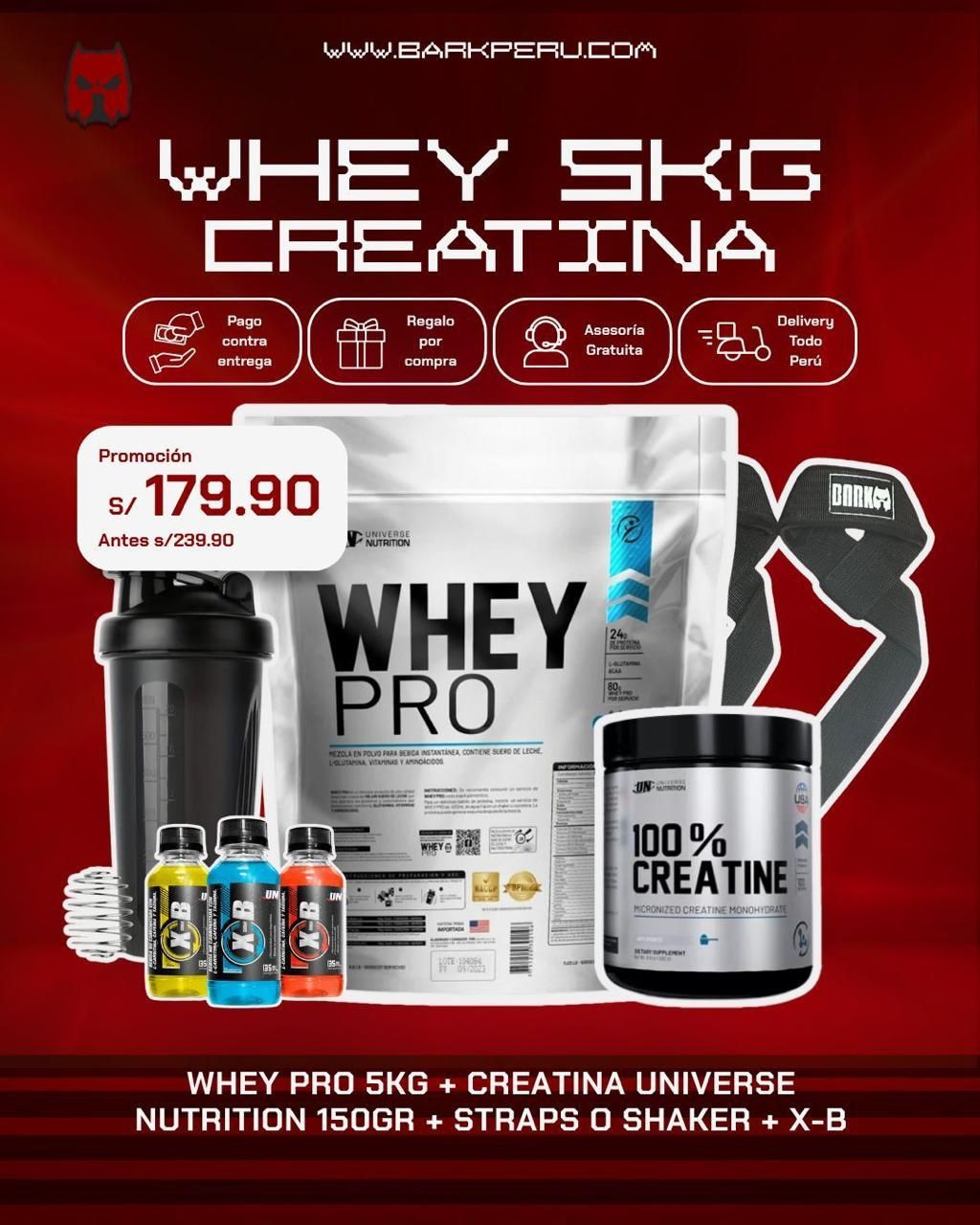 PROMOCIÓN WHEY PRO 5KG + CREATINA UN 150G + SHAKER O STRAPS + 3 XB