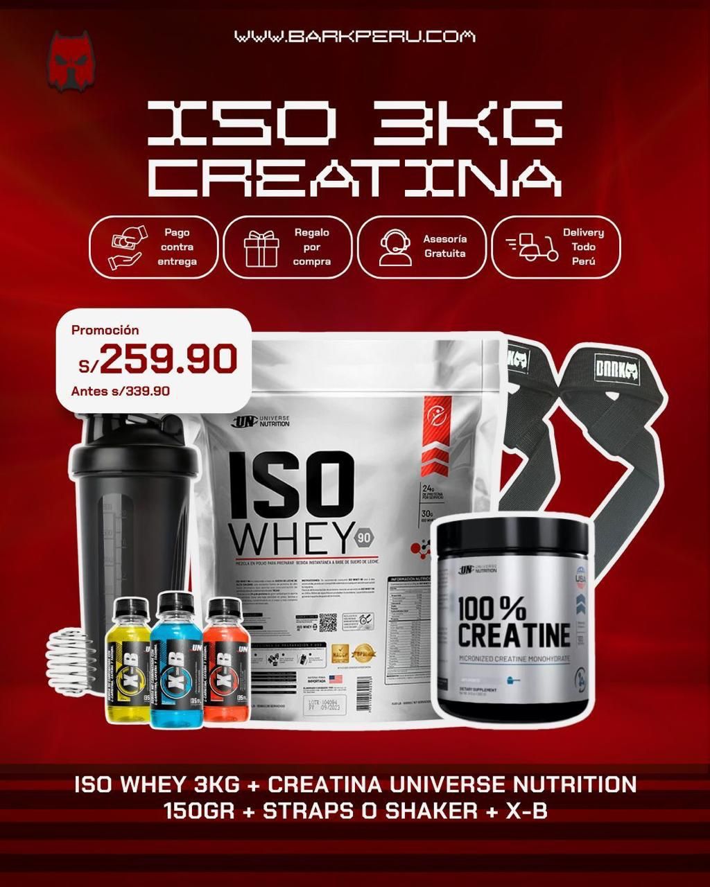 PROMOCIÓN ISO WHEY 3KG + CREATINA UN 150G + SHAKER O STRAPS + 3 XB