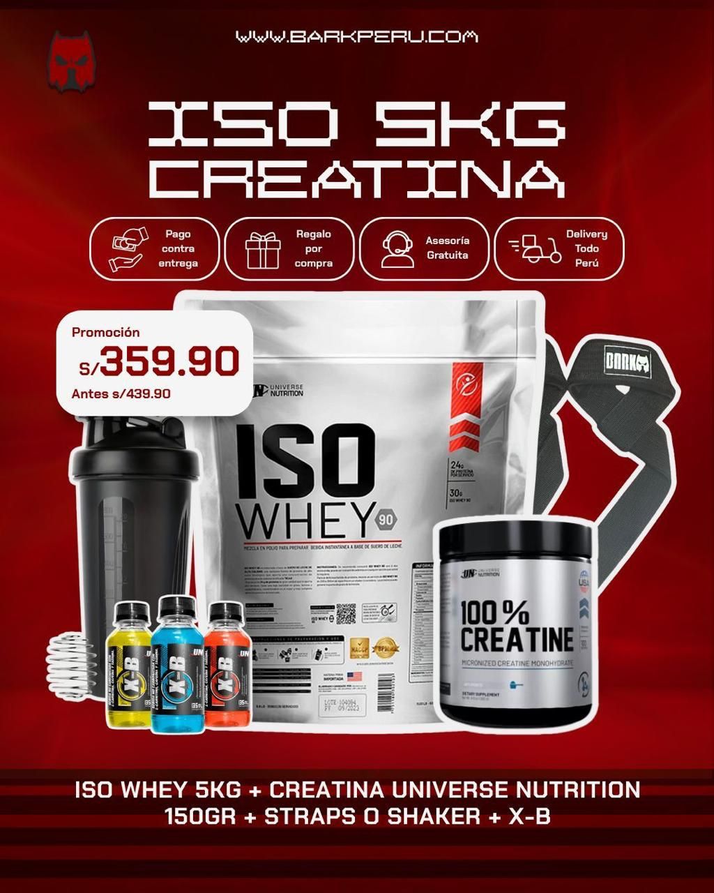 PROMOCIÓN ISO WHEY 5KG + CREATINA UN 150G + SHAKER O STRAPS + 3 XB