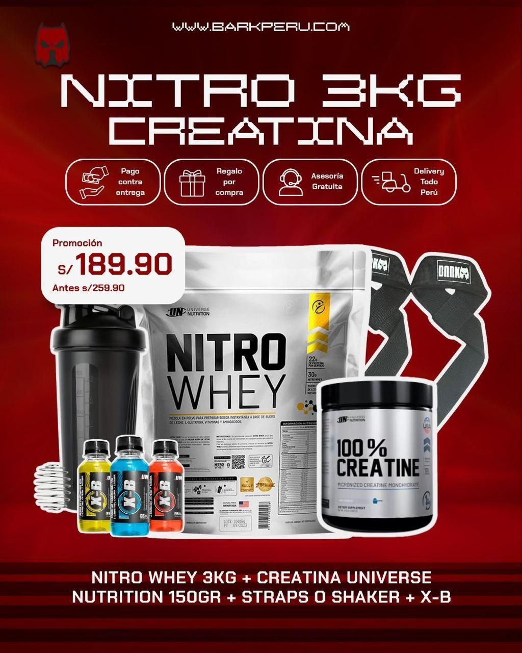 PROMOCIÓN NITRO WHEY 3KG + CREATINA UN 150G + SHAKER O STRAPS + 3 XB