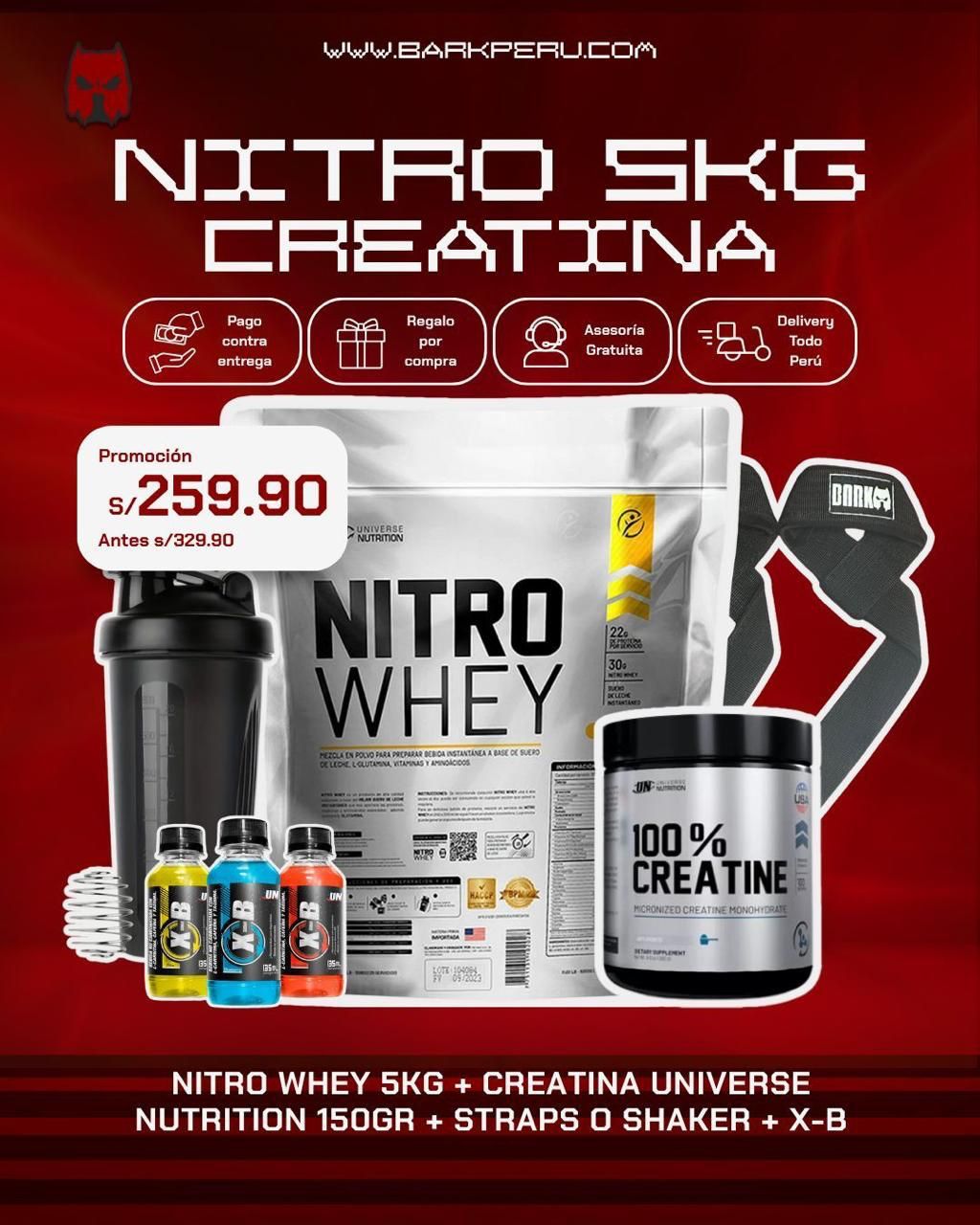 PROMOCIÓN NITRO WHEY 5KG + CREATINA UN 150G + SHAKER O STRAPS + 3 XB