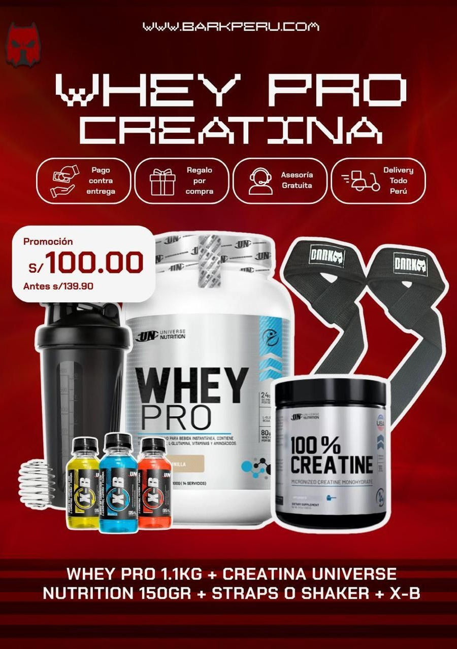 PROMOCIÓN WHEY PRO 1.1KG + CREATINA UN 150G + SHAKER O STRAPS + 3XB