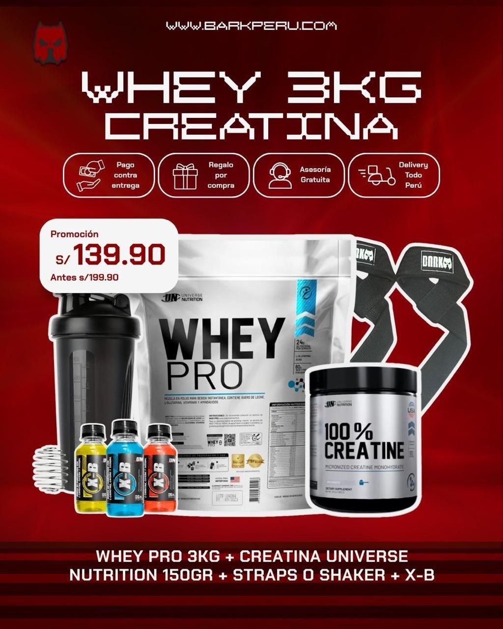 PROMOCIÓN WHEY PRO 3KG + CREATINA UN 150G + SHAKER O STRAPS + 3 XB