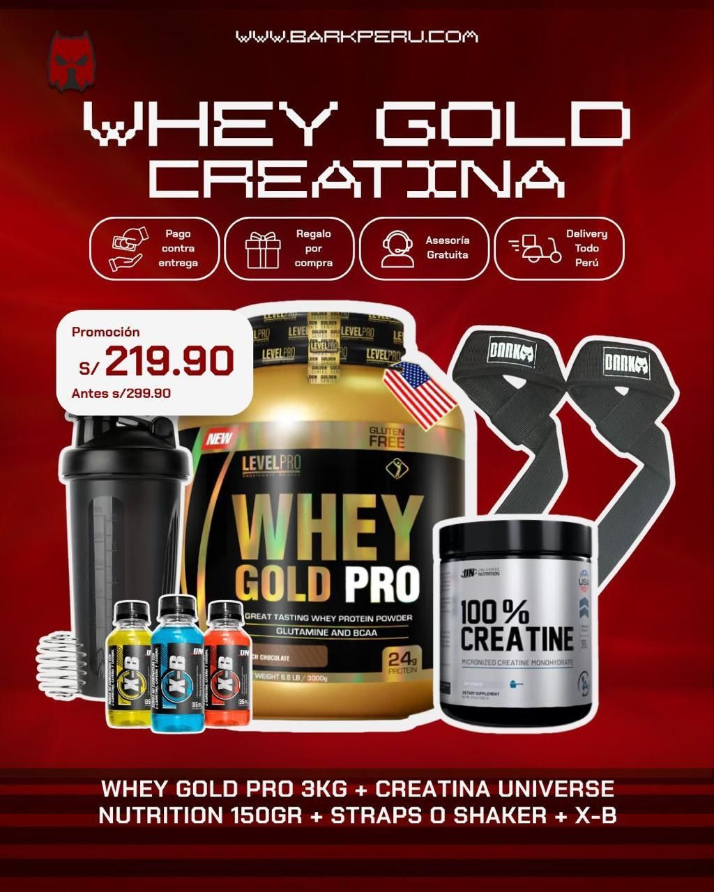 PROMOCIÓN WHEY GOLD PRO 3KG + CREATINA UN 150G + SHAKER O STRAPS + 3 XB